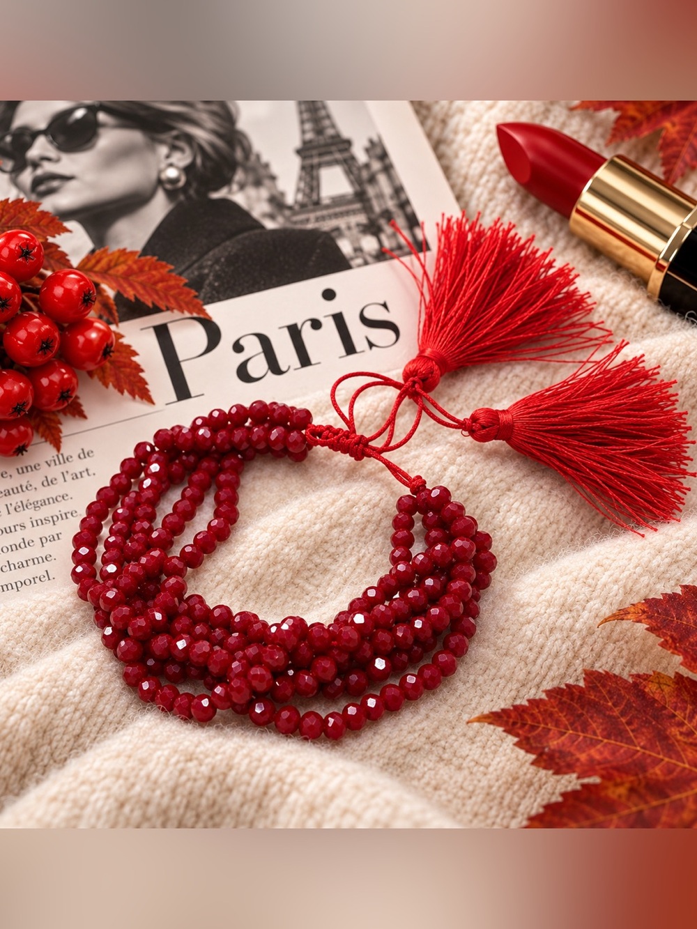 Red Crystal Beaded Bracelet Multi Strand Adjustable